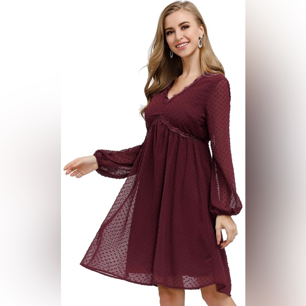 Elegant Maternity Red V-Neck Long Sleeve Sundress